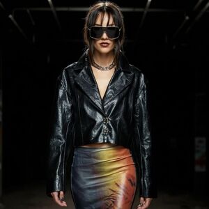 NEW BADEE Faded ECO  Vegan Leather Crop Jacket Black Oversized Vintage Look